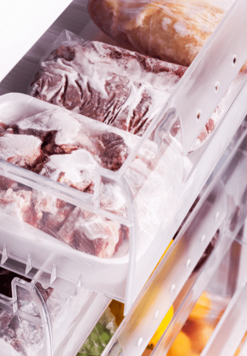 Frozen raw food in a freezer