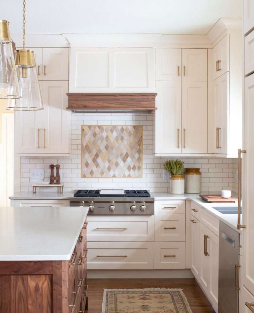 white kitchen with walnut accents
