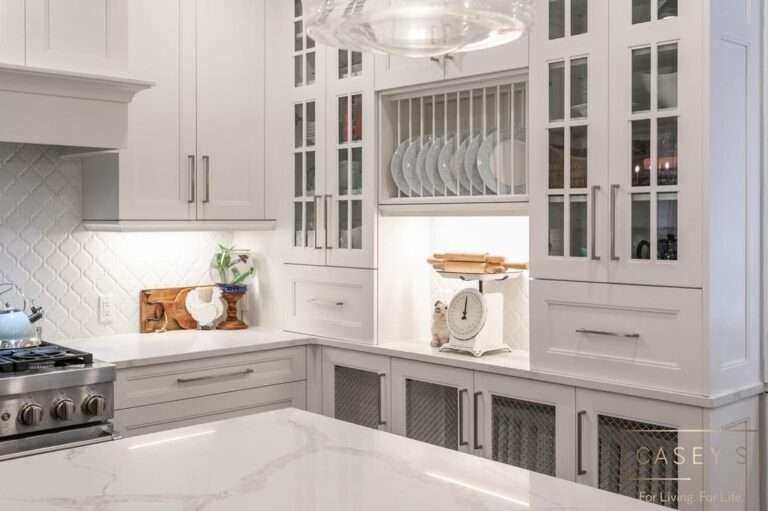 white kitchen dishware display cabinet
