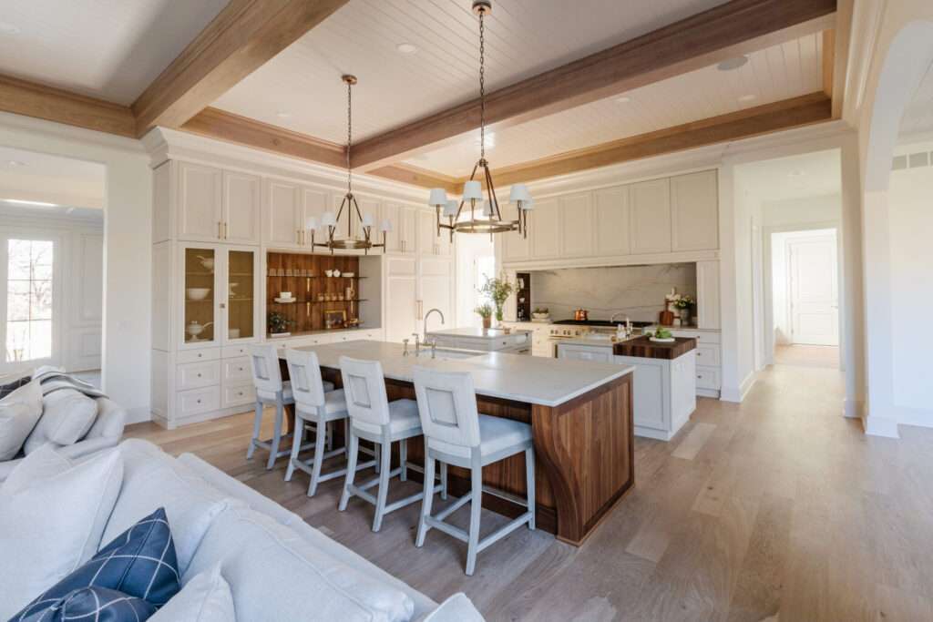 white kitchen with maple ceiling detail