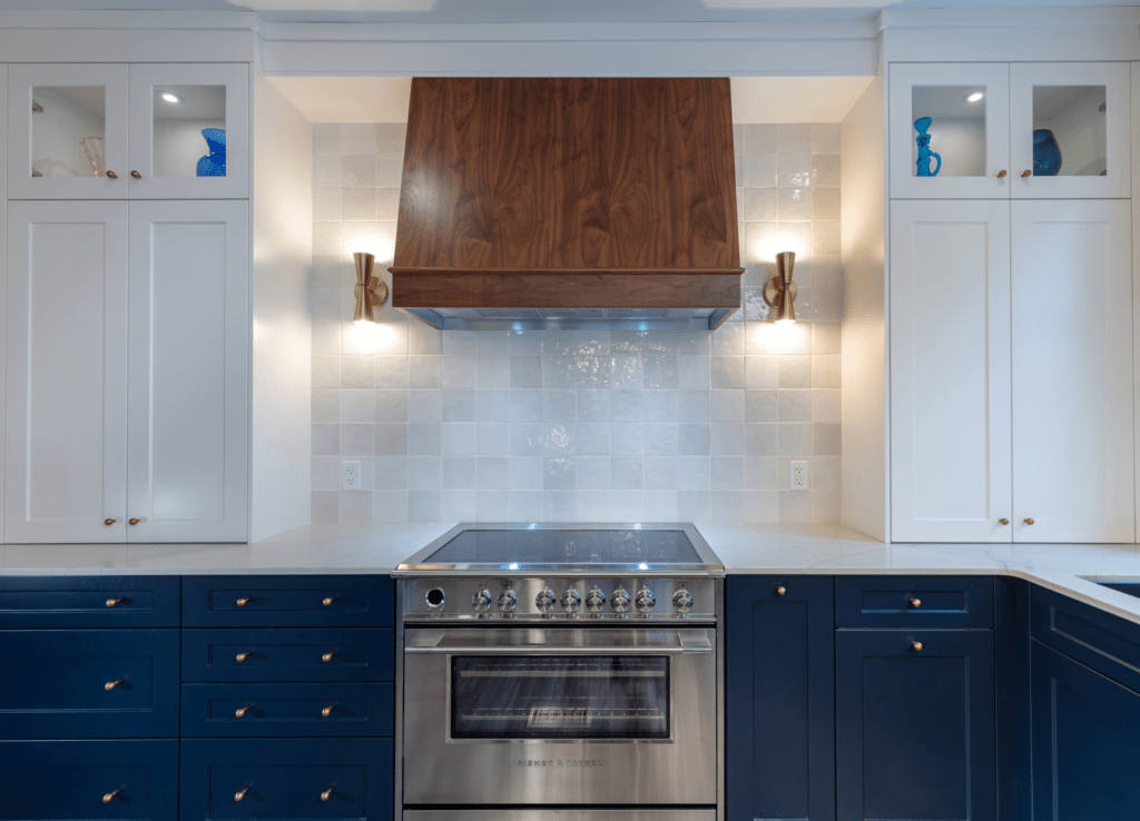 two tone white and blue kitchen cabinets