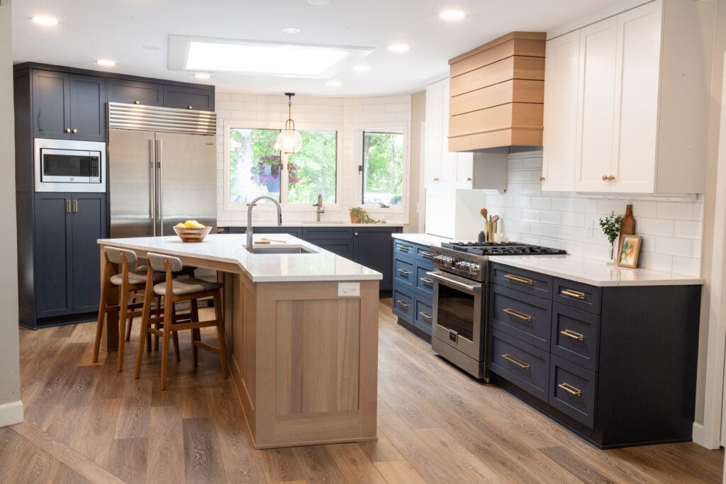 white blue and white oak transitional kitchen cabinets