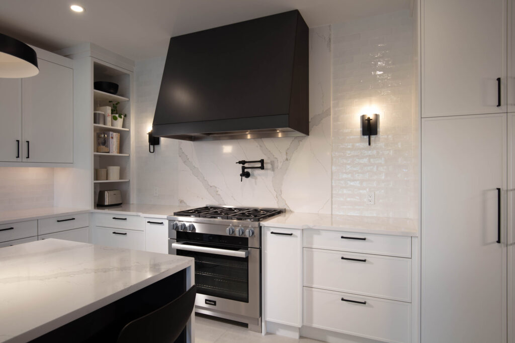 contemporary white cabinets with black hardware