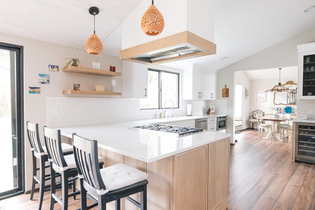 kitchen with floating shelves in small space