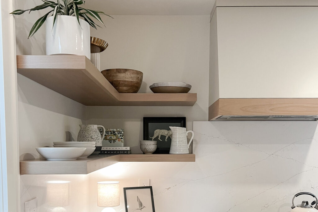 kitchen with floating shelves in corner