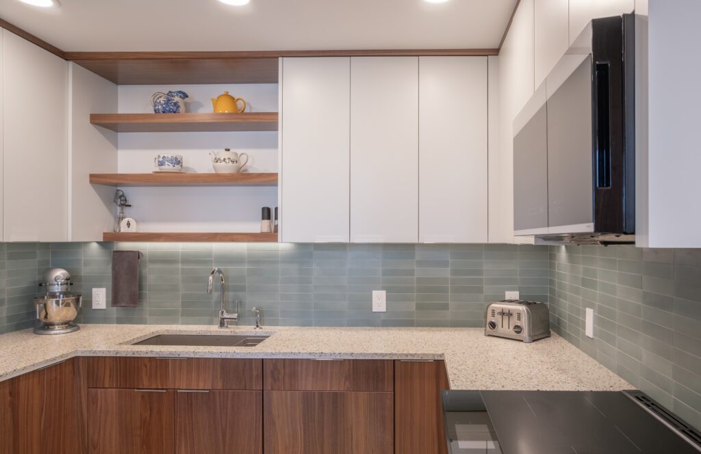 kitchen with floating shelves