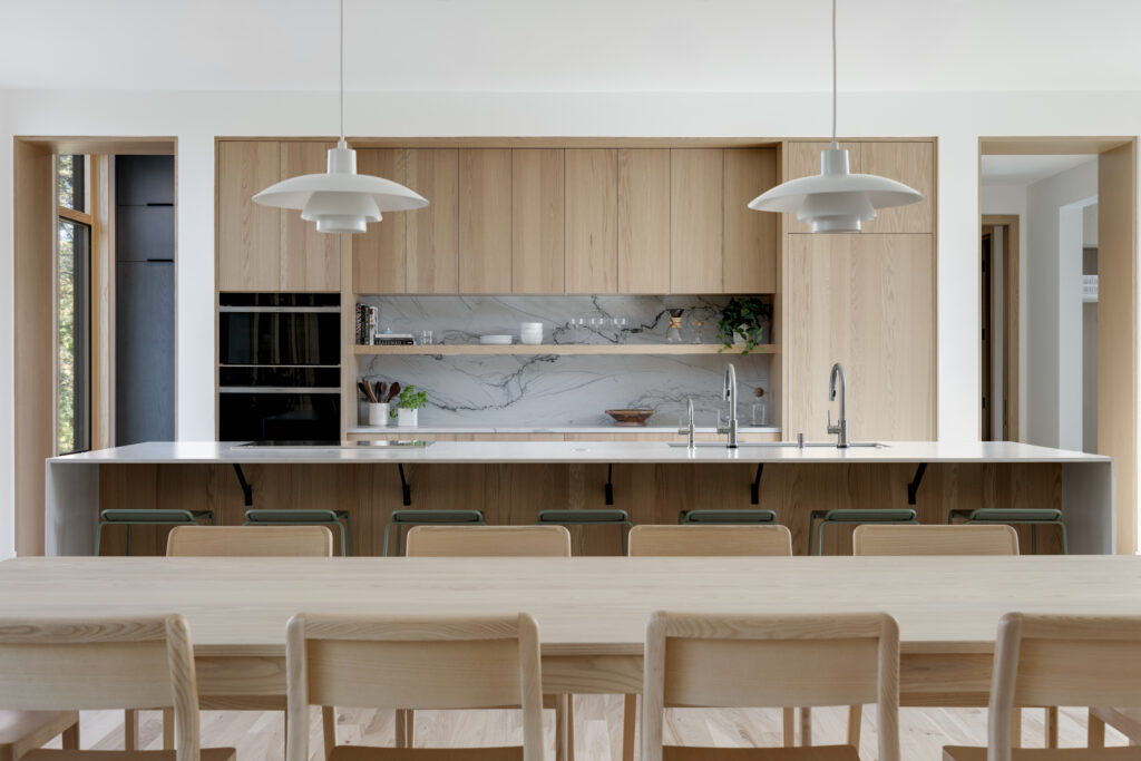 long lines with modern floating shelves in kitchen