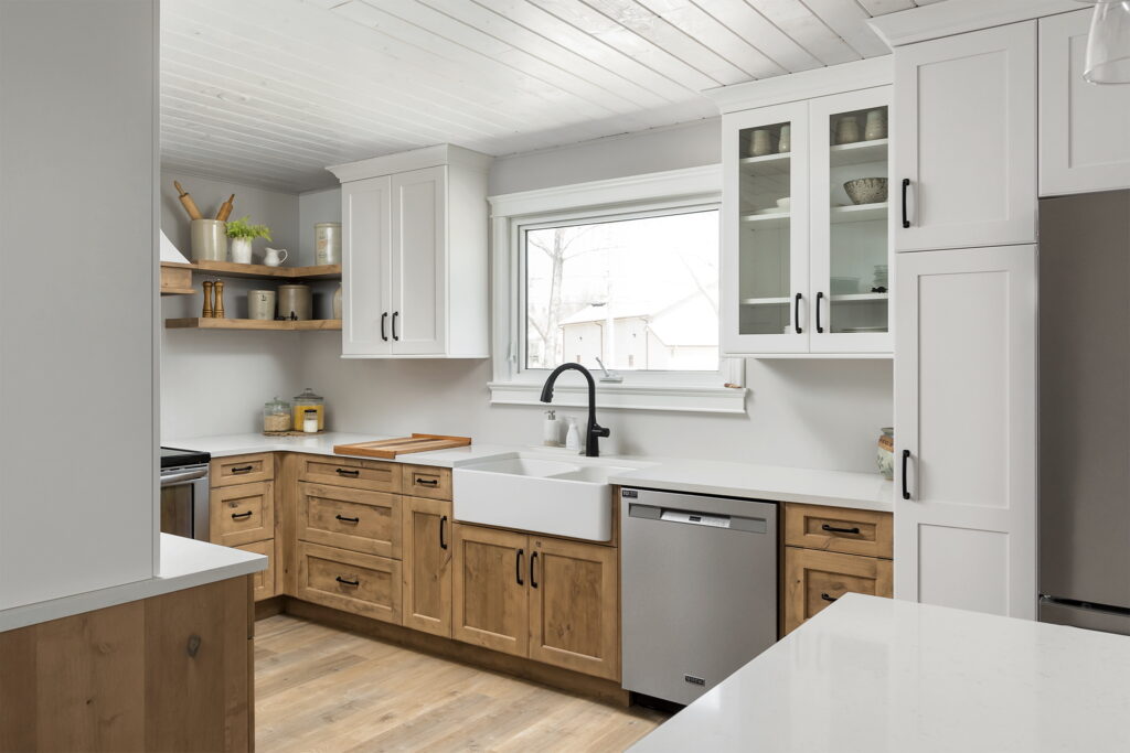 wood cabinets with white countertops