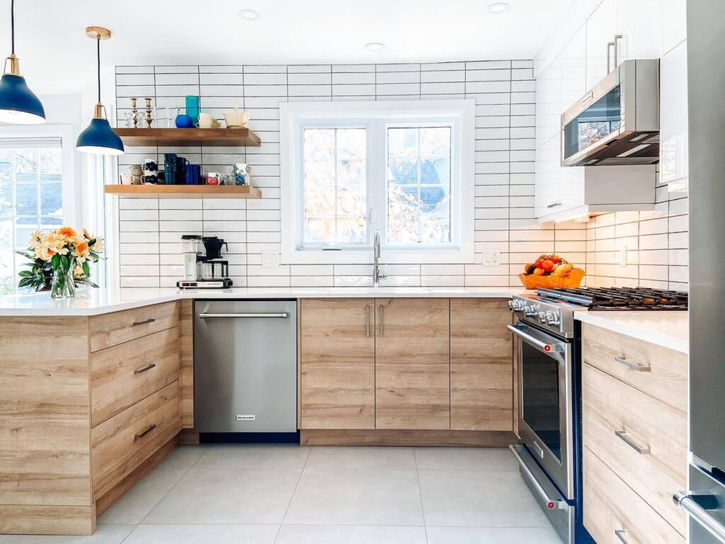 wood cabinets with white countertops