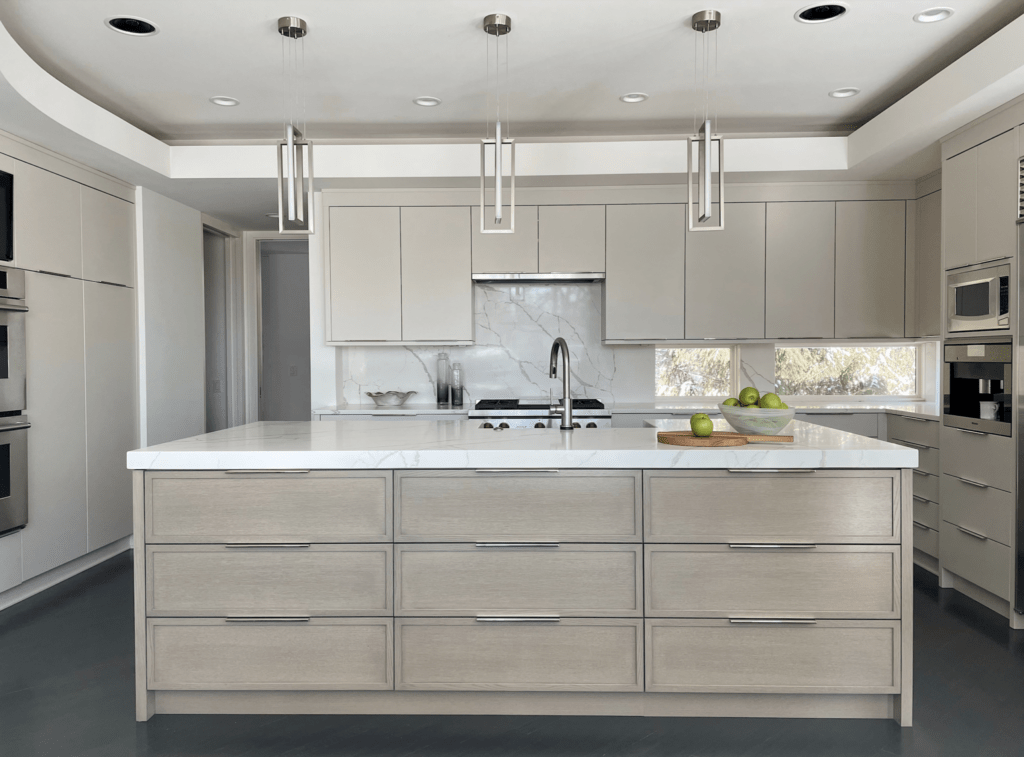 wood cabinets with white countertops