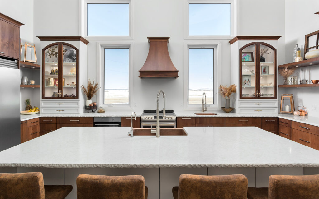 wood cabinets with white countertops