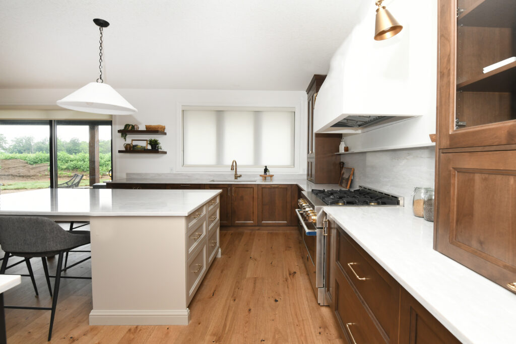 wood cabinets with white countertops