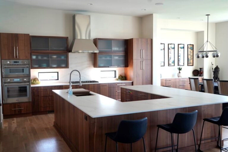 wood cabinets with white countertops