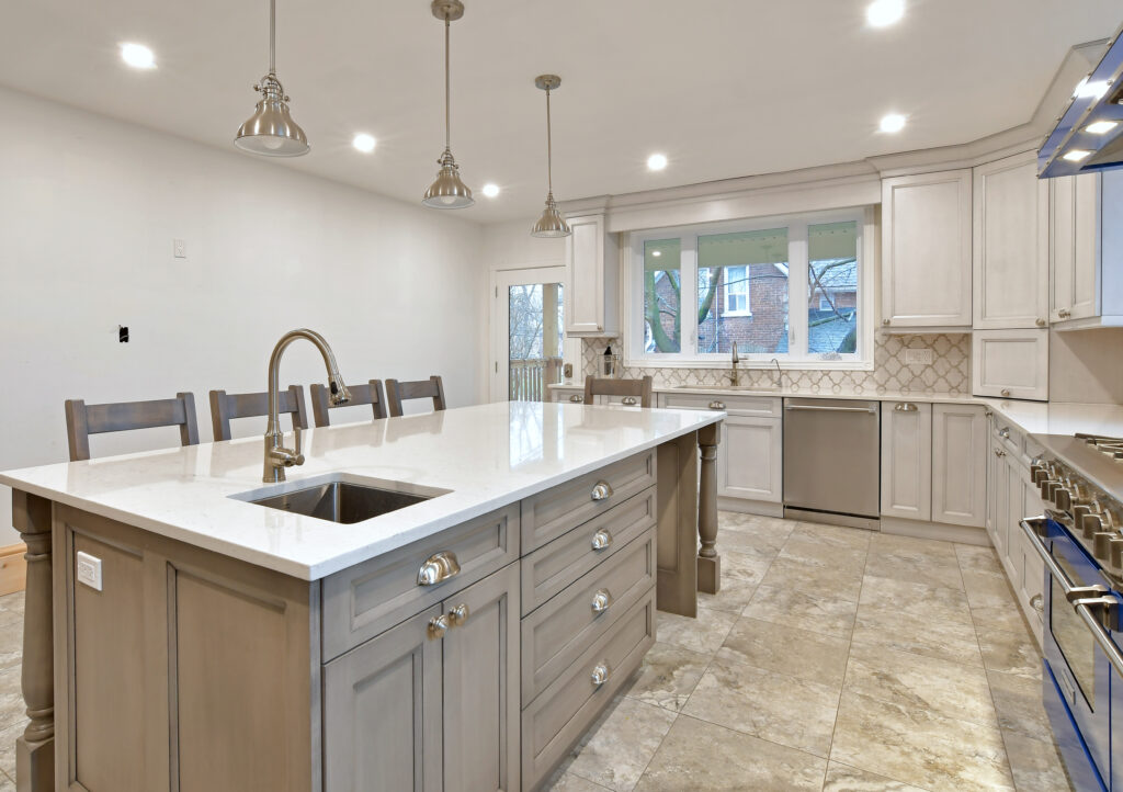 kitchen with blue stove and range hood