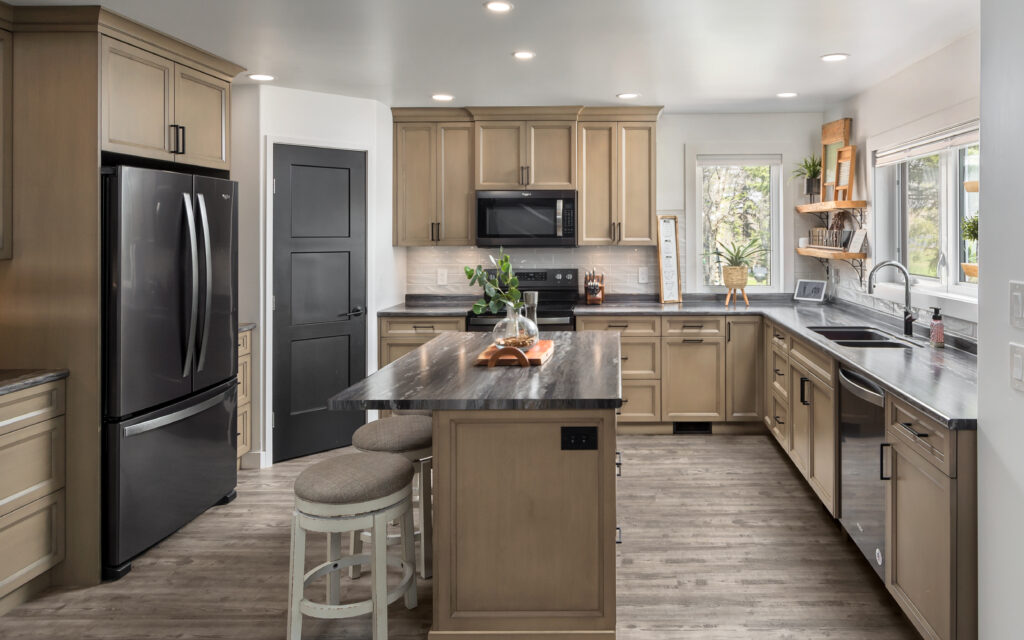 wood cabinets with wood floors