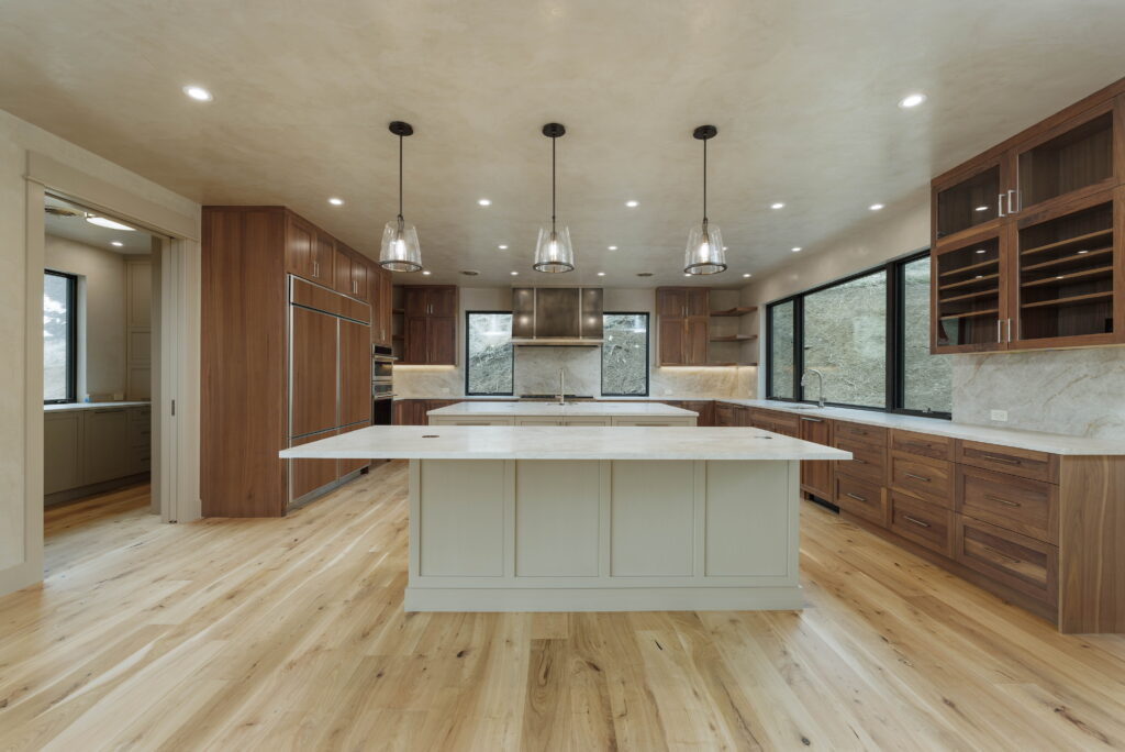 wood cabinets with wood floors