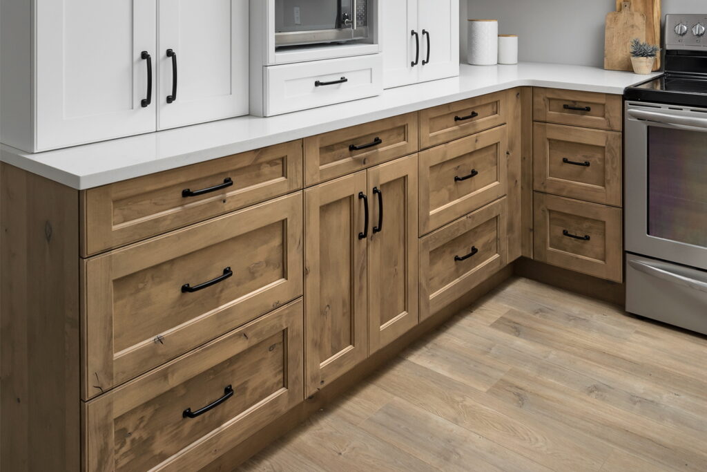 Wood cabinets with black hardware