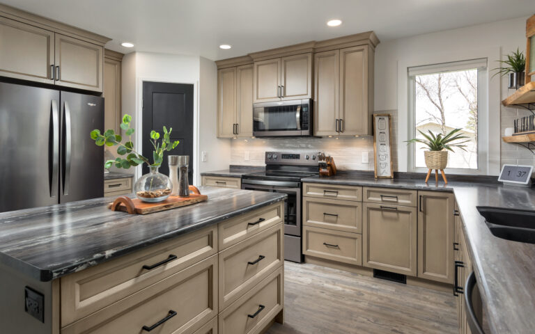 Wood cabinets with black hardware