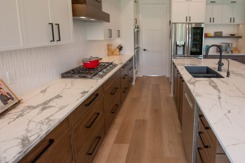 Wood cabinets with black hardware