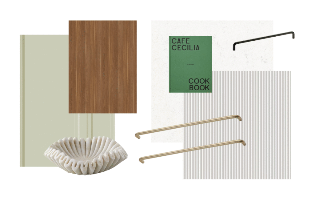 moodboard for olive kitchen cabinets
