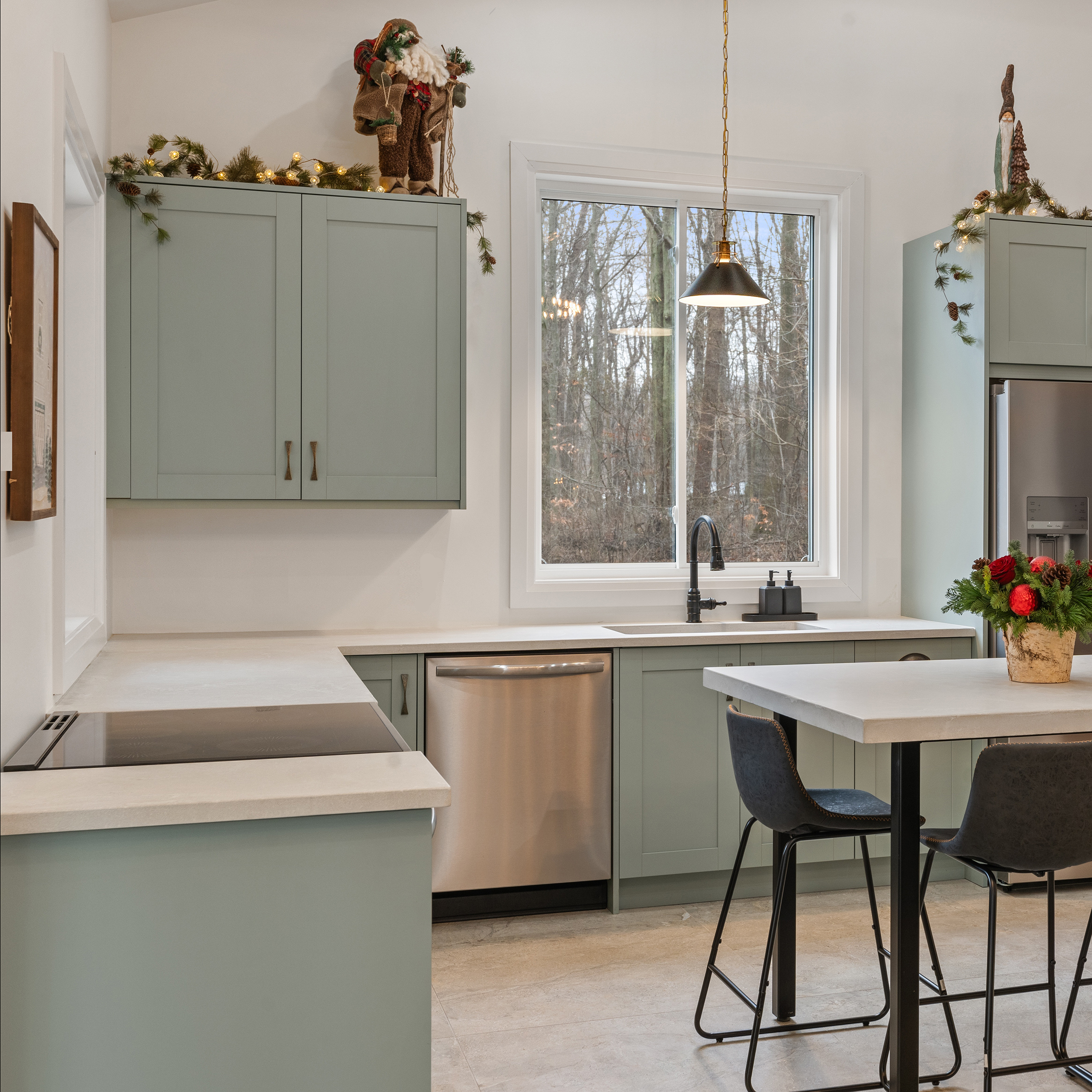 Sage-green Melamine and Knotty Alder kitchen