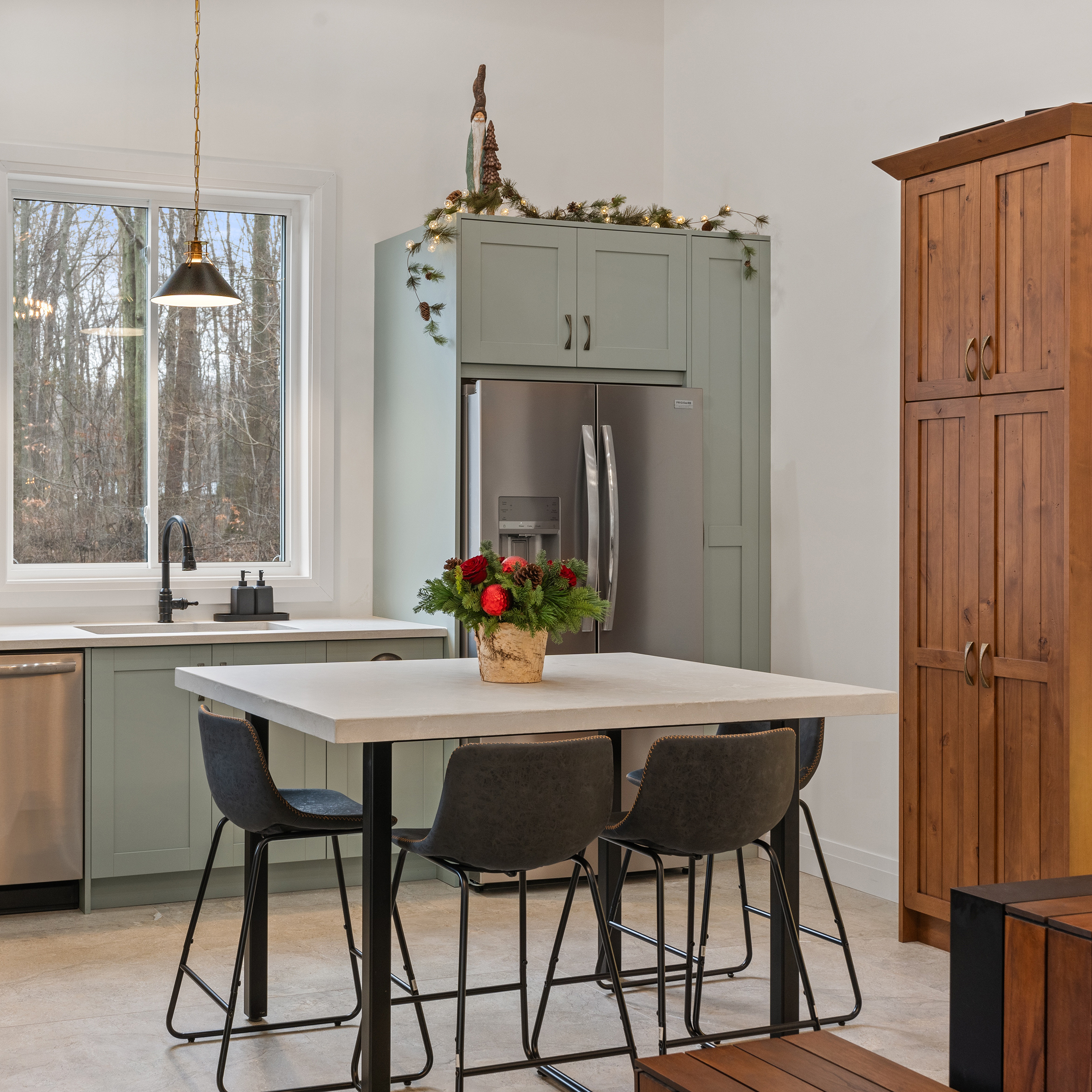 Sage-green Melamine and Knotty Alder kitchen