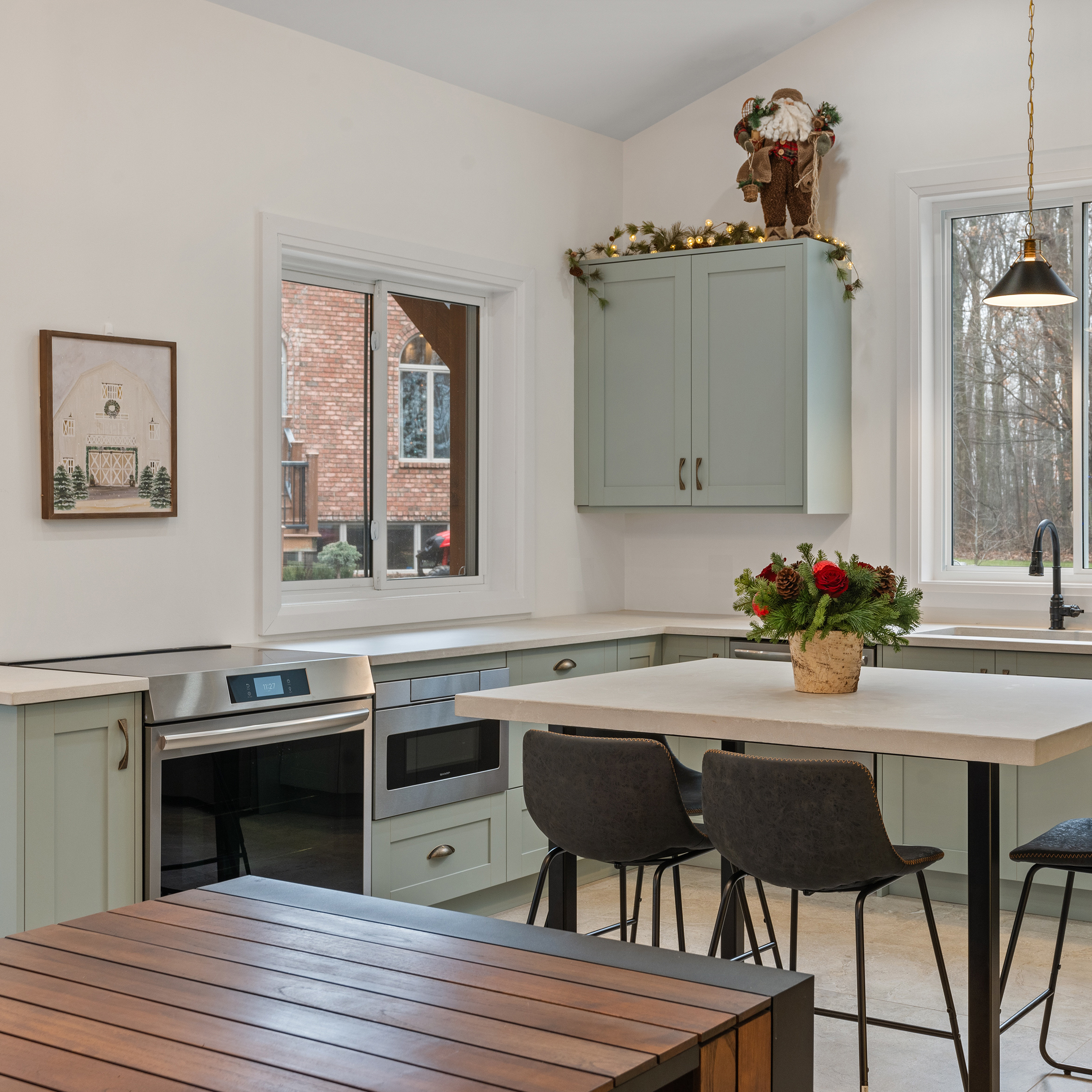 Sage-green Melamine and Knotty Alder kitchen