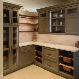 Deep Green specialty cabinets for coffee station/bar.