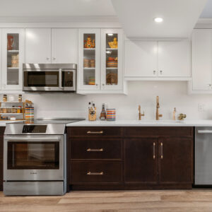 Perfect combo of deep dark brown Espresso Maple cabinets with white Chantilly Lace HDF cabinets