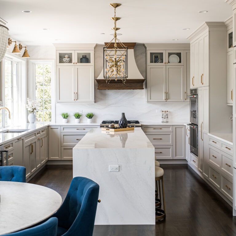 Stunning Decor white kitchen with blue accents in Maple and Oak