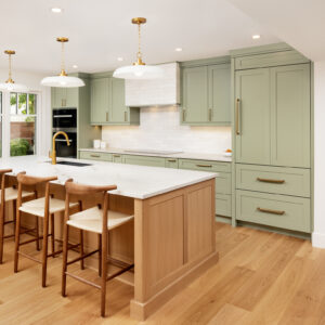 Calm and relaxing Decor Cabinets kitchen in light green HDF and warm brown White Rift Oak