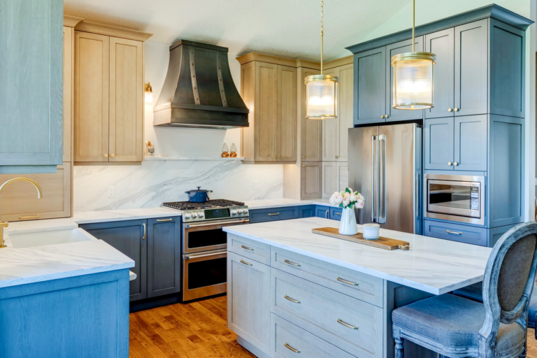 farmhouse blue kitchen cabinets