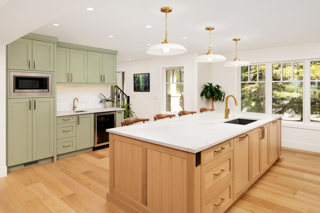 quartz countertop and cabinet pairing custom kitchen idea wood and green