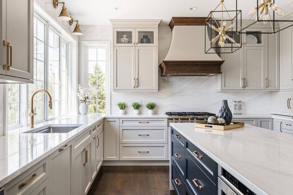 quartz countertop and cabinet pairing custom kitchen idea white and blue