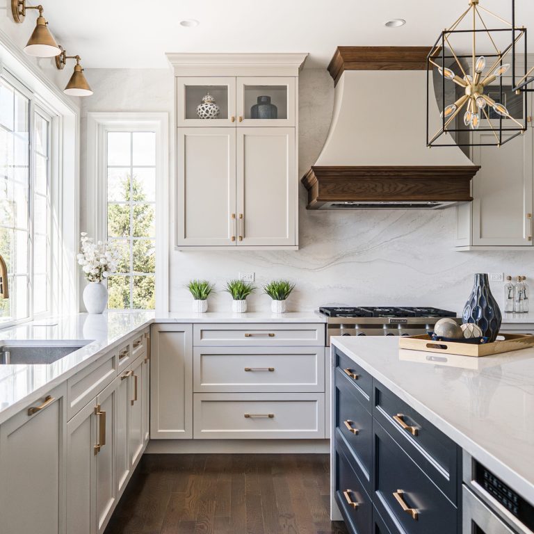 quartz countertop and cabinet pairing custom kitchen idea white and blue